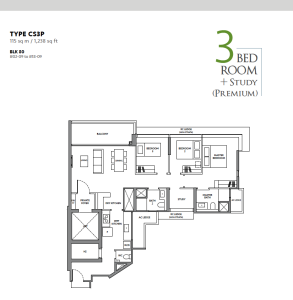the-lake-garden-residences-yuan-ching-road-floor-plans-3-bedroom+study-type-CS3P-1238sqft